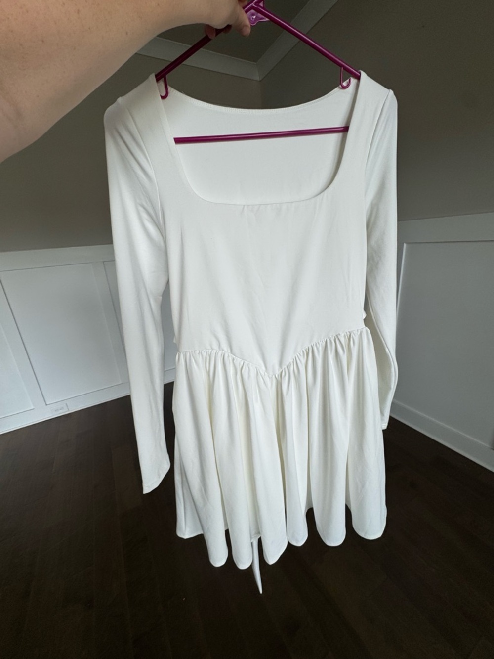 White Long-Sleeve Square Neck Babydoll Dress